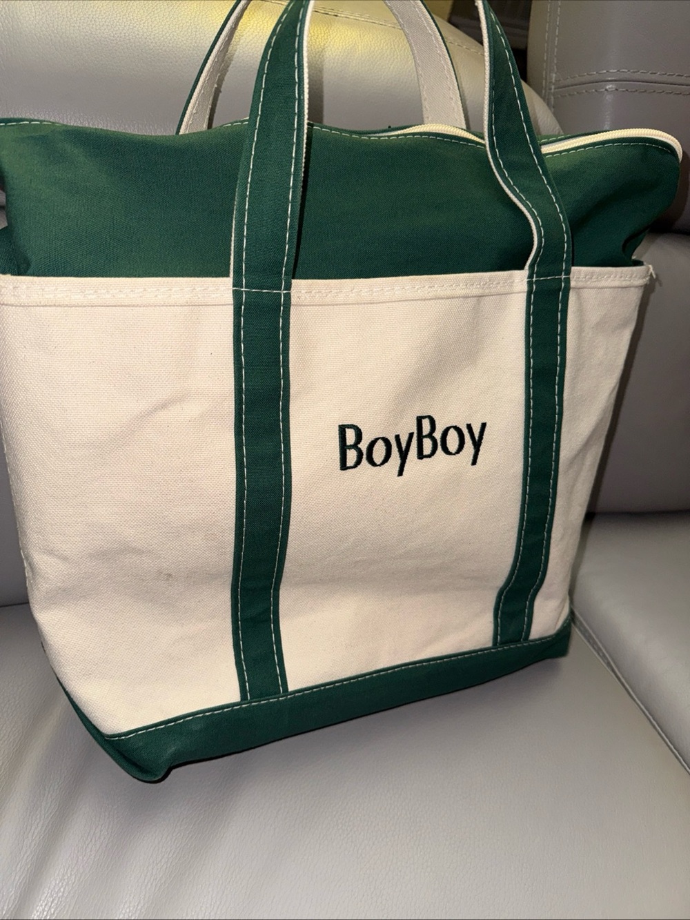 LL Bean Boat & Tote Bag Green and Cream